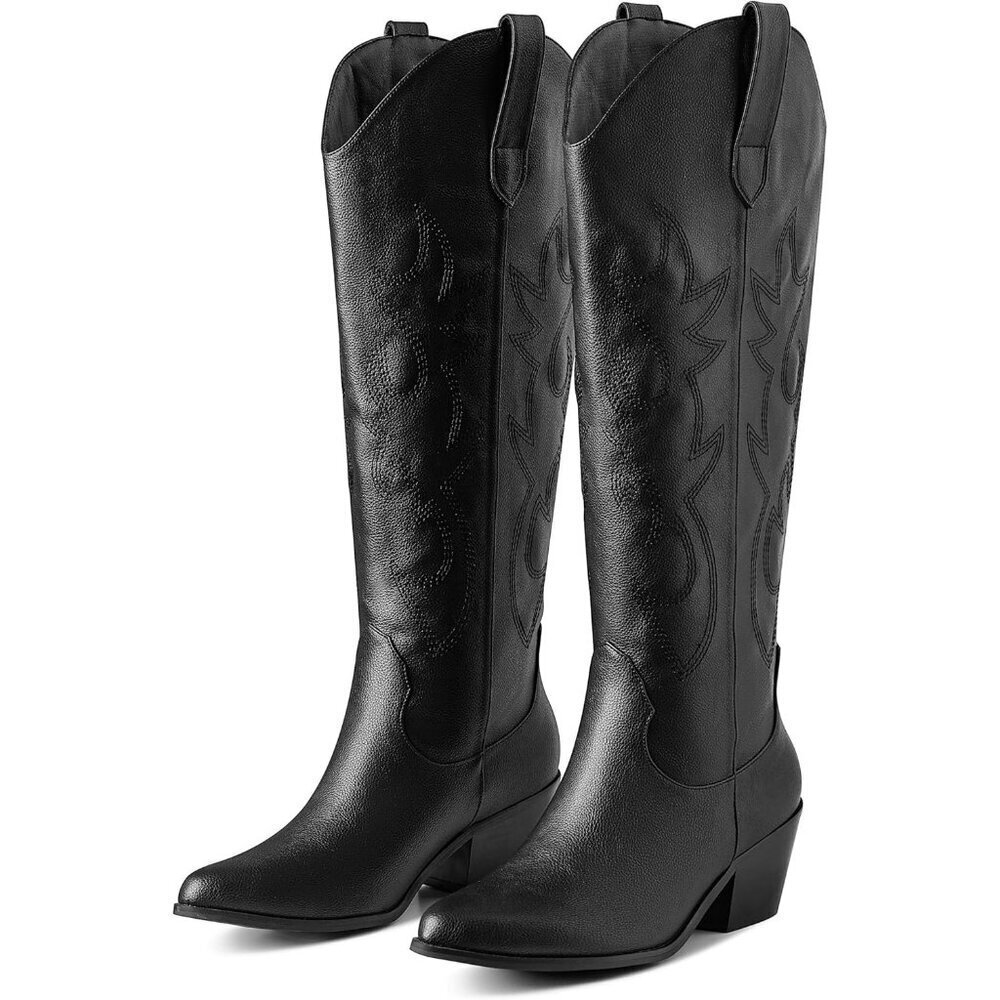 Women Black Polyurethane Embroidered Pull-On Chunky Heel Knee High Western Boots